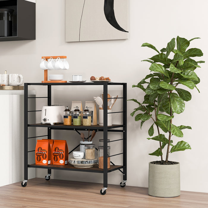 3-Tier Foldable Shelving Unit with Detachable Wheels and Adjustable Shelves-Black