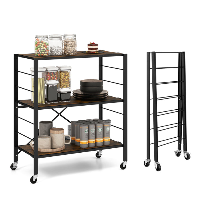 3-Tier Foldable Shelving Unit with Detachable Wheels and Adjustable Shelves-Black