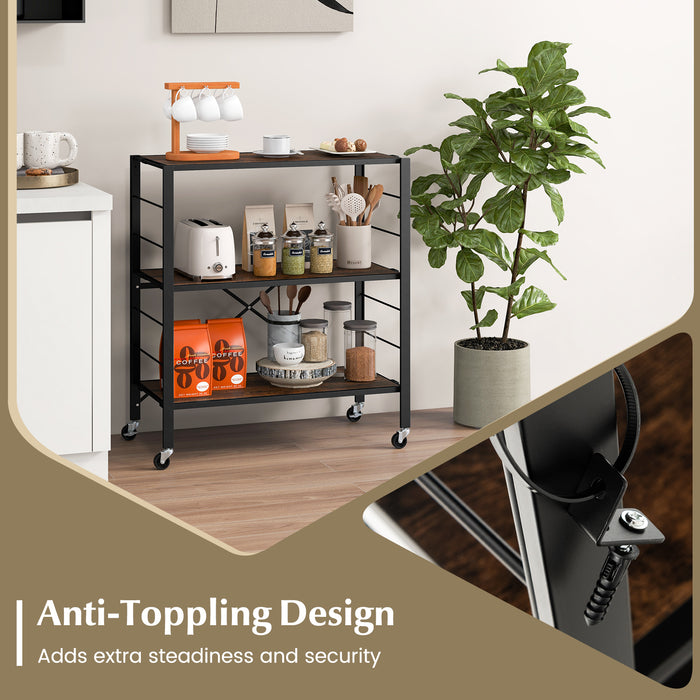 3-Tier Foldable Shelving Unit with Detachable Wheels and Adjustable Shelves-Black