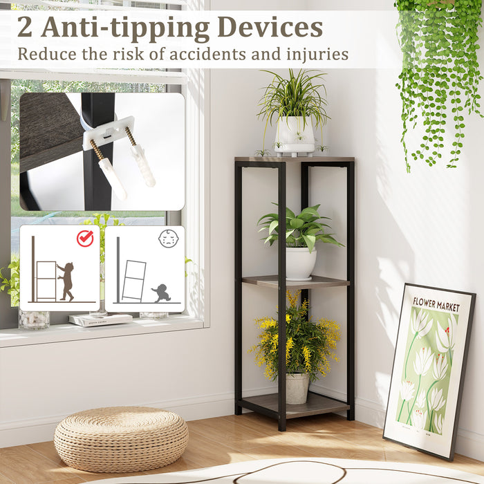 3-Tier Tall Metal Plant Stand Corner Plant Holder with Anti-tipping Device-Black & Gray