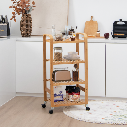 Bamboo Utility Cart with Storage Shelf and Lockable Casters-4-Tier