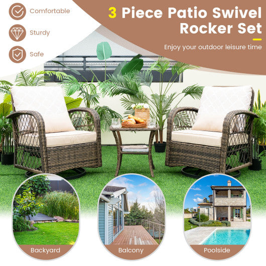 3 Pieces Outdoor Wicker Conversation Set with Tempered Glass Coffee Table-Beige