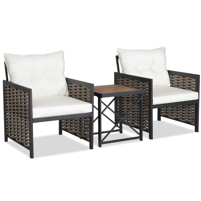 3 Pieces Patio Rattan Furniture Set with Acacia Wood Tabletop-White