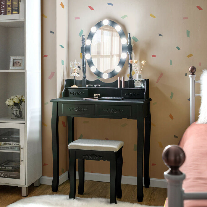 Makeup Dressing Table with Touch Switch Lighted Mirror and Cushioned Stool-Black