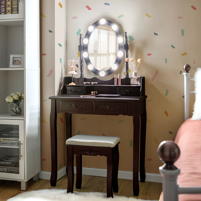 Makeup Dressing Table with Touch Switch Lighted Mirror and Cushioned Stool-Brown