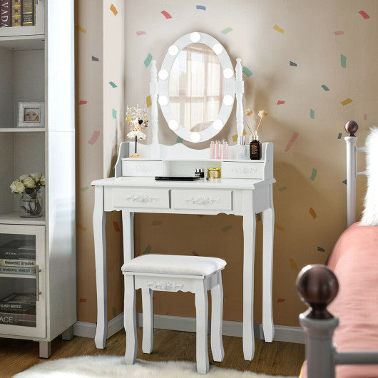 Makeup Dressing Table with Touch Switch Lighted Mirror and Cushioned Stool-White