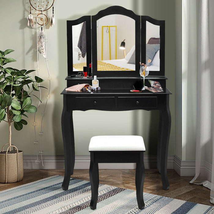 4 Drawers Wood Mirrored Vanity Dressing Table with Stool-Black