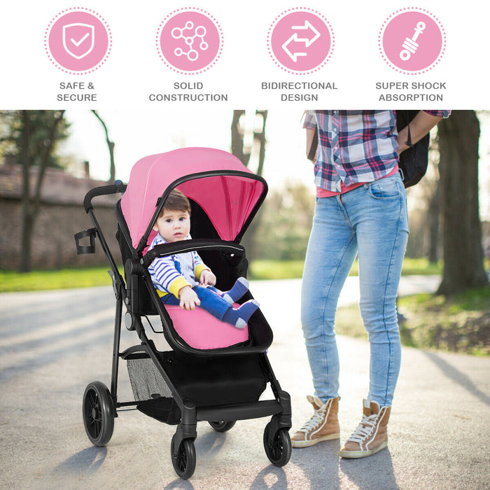 2-in-1 Foldable Pushchair Newborn Infant Baby Stroller-Pink