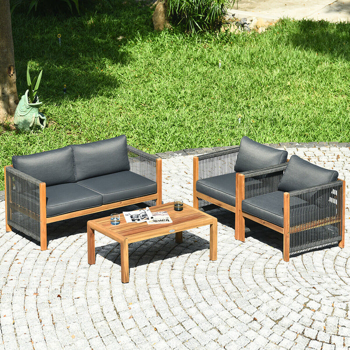 4 Pieces Acacia Wood Outdoor Patio Furniture Set with Cushions-Gray