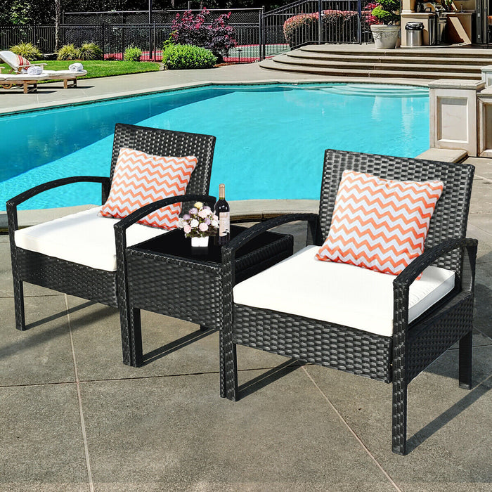 3 Pieces Outdoor Rattan Patio Conversation Set with Seat Cushions-White