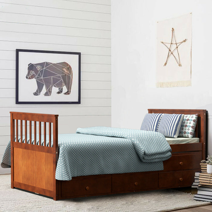 Twin Captainâ€™s Bed with Trundle and 3 Storage Drawers-Walnut