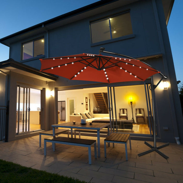 10 ft 360Â° Rotation Solar Powered LED Patio Offset Umbrella without Weight Base-Orange