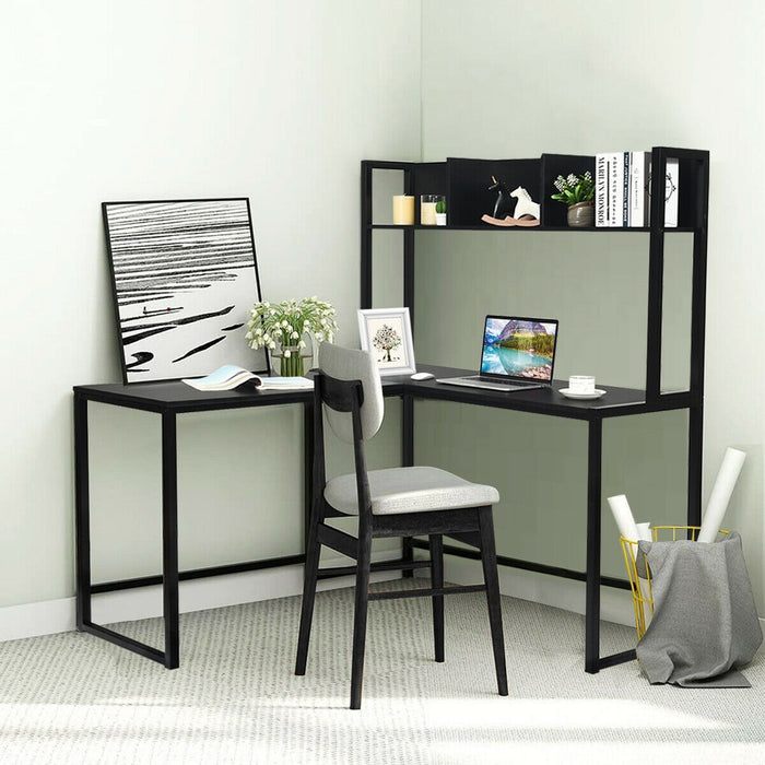 Reversible L-Shaped Corner Desk with Storage Bookshelf-Black