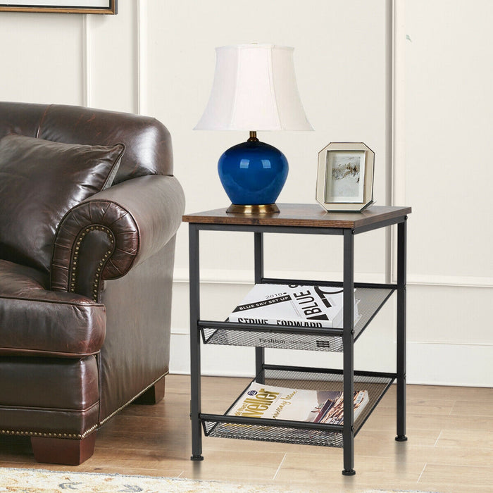 3-Tier Industrial End Table with Mesh Shelves and Adjustable Shelves