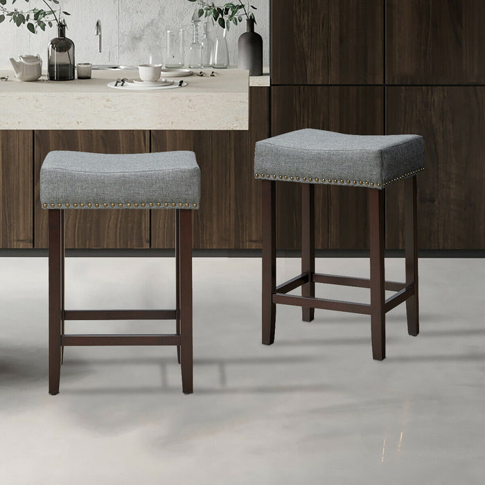 2 Pieces Nailhead Saddle Bar Stools with Fabric Seat and Wood Legs-Gray