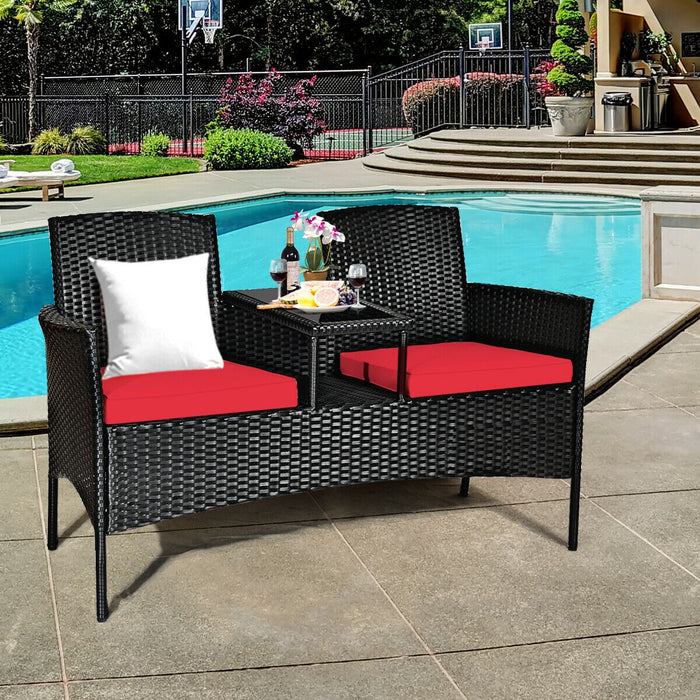 Wicker Patio Conversation Furniture Set with Removable Cushions and Table-Red