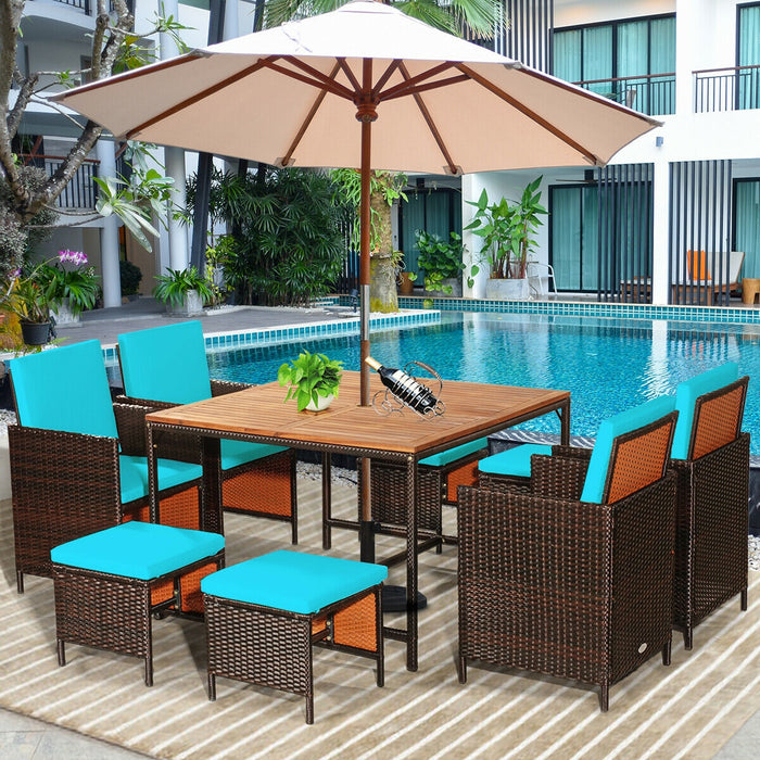 9 Pieces Patio Rattan Dining Cushioned Chairs Set-Turquoise