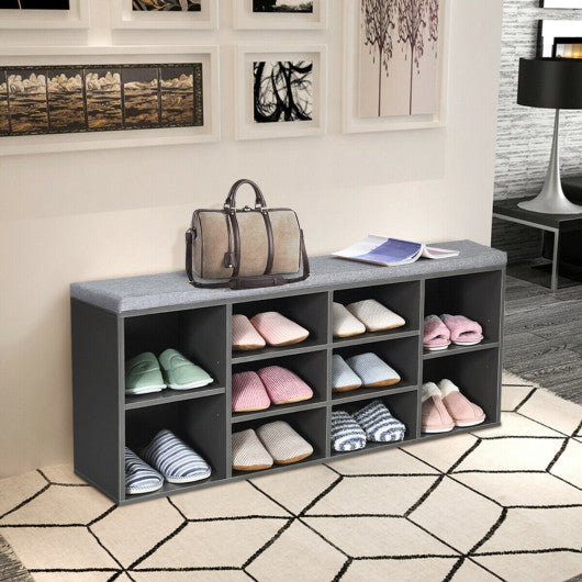 10-Cube Organizer Shoe Storage Bench with Cushion for Entryway-Gray