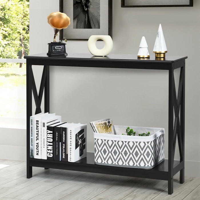 2-Tier Console X-Design Sofa Side Accent Table-Black