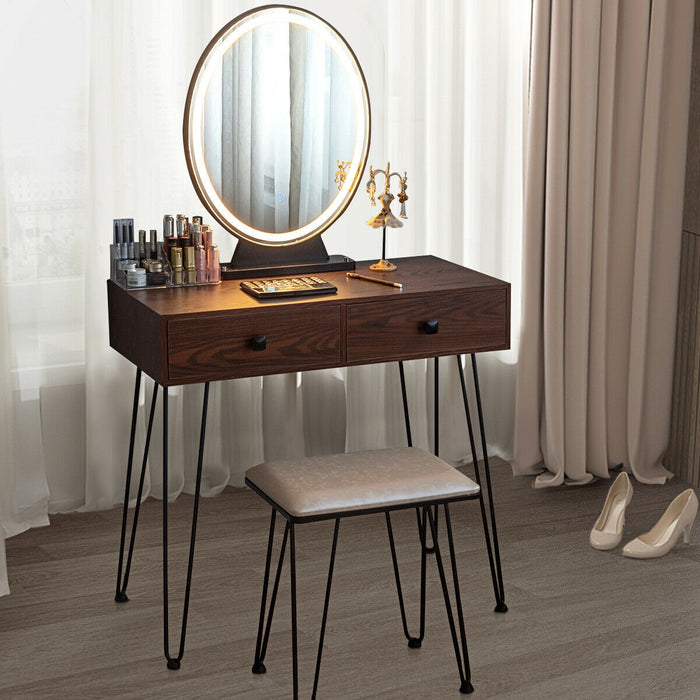 Industrial Makeup Dressing Table with 3 Lighting Modes-Walnut