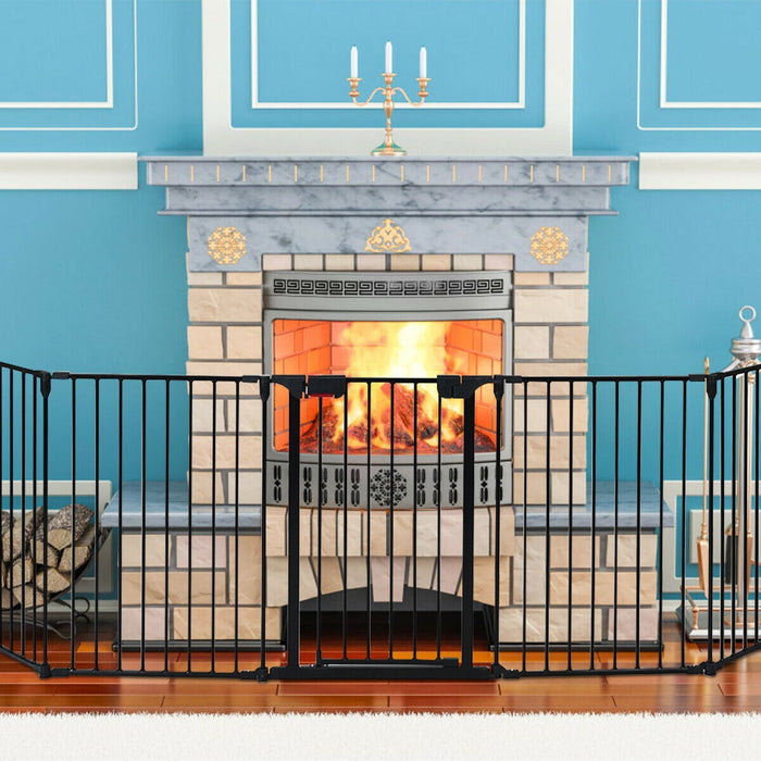 115 Inch Length 5 Panel Adjustable Wide Fireplace Fence-Black