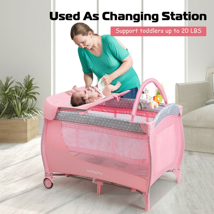 Foldable Safety  Baby Playard for Toddler Infant with Changing Station-Pink