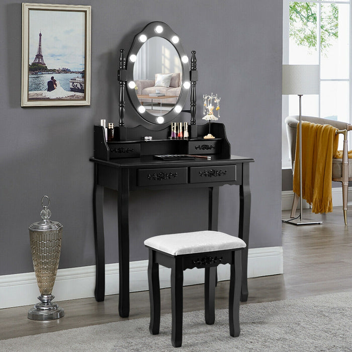 Makeup Vanity Dressing Table Set with Dimmable Bulbs Cushioned Stool-Black