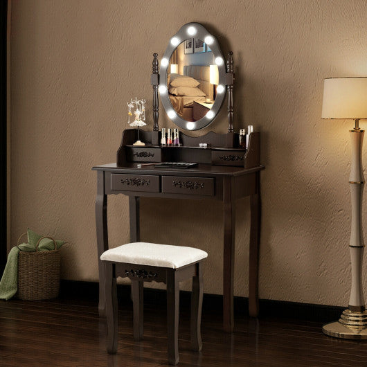 Makeup Vanity Dressing Table Set with Dimmable Bulbs Cushioned Stool-Coffee