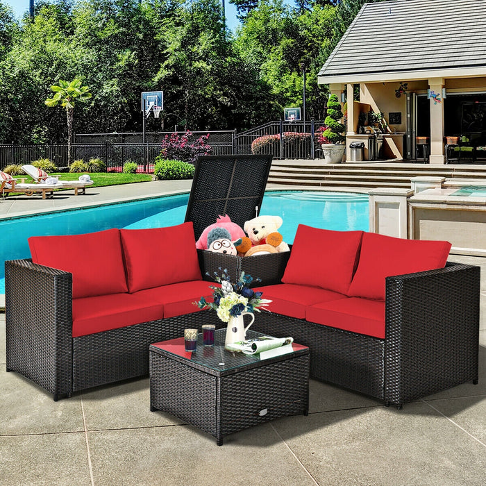 4 Pieces Outdoor Patio Rattan Furniture Set with Cushioned Loveseat and Storage Box-Red