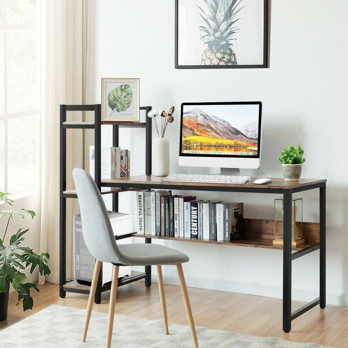 59-Inch Computer Desk Home Office Workstation 4-Tier Storage Shelves-Rustic Browm