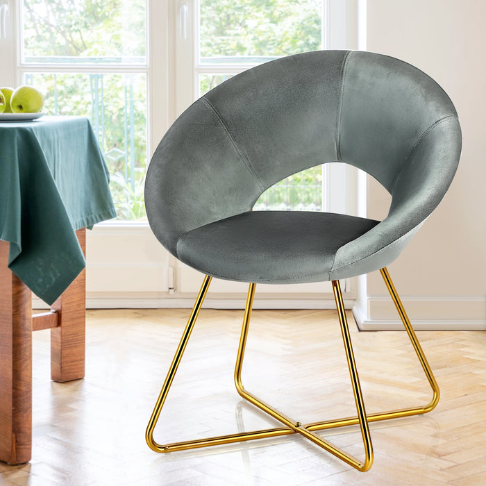 Modern Accent Velvet Dining Arm Chair with Golden Metal Legs and Soft Cushion-Gray