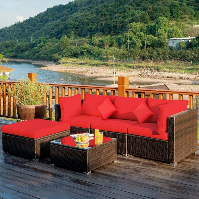 5 Pcs Outdoor Patio Rattan Furniture Set Sectional Conversation with Navy Cushions-Red