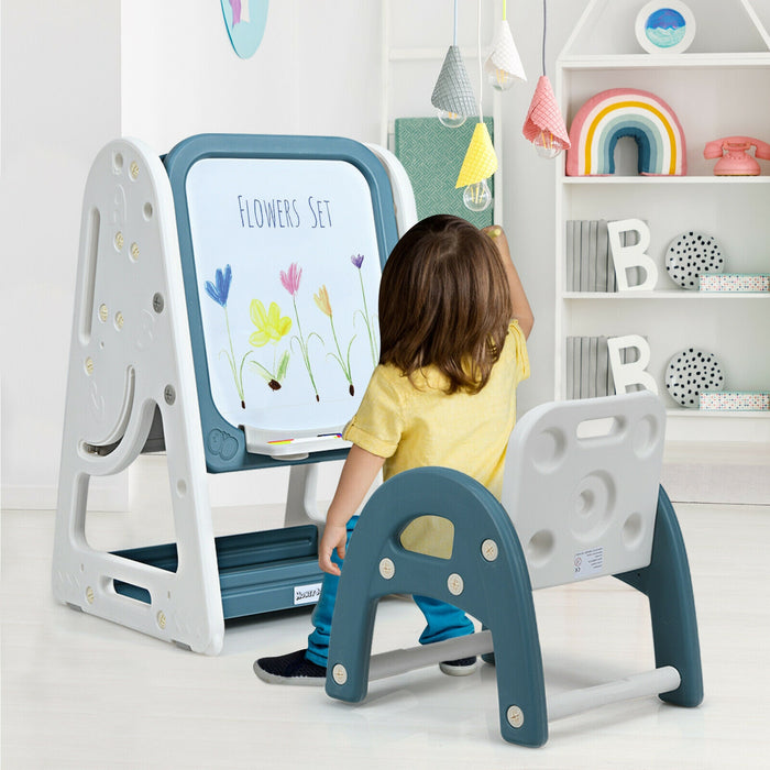 2-in-1 Kids Easel Desk Chair Set Book Rack Adjustable Art Painting Board-Blue