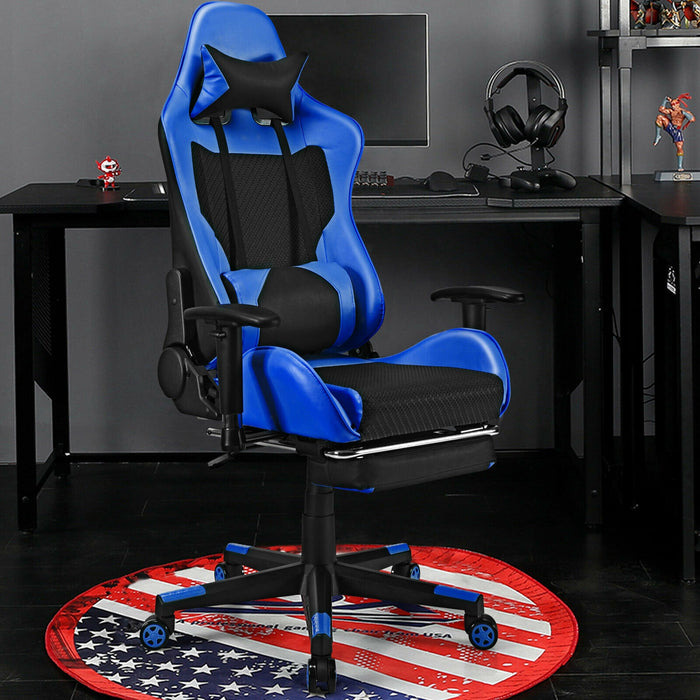 PU Leather Gaming Chair with USB Massage Lumbar Pillow and Footrest -Blue