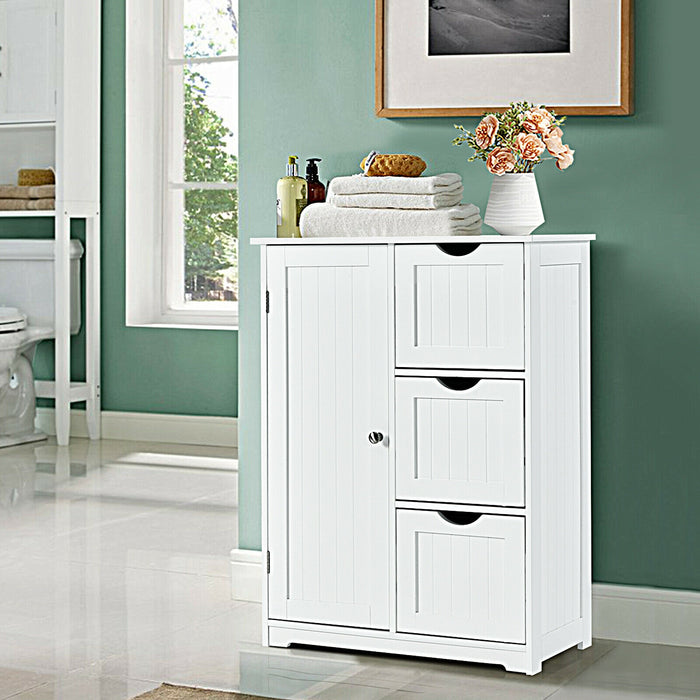 Bathroom Floor Cabinet Side Storage Cabinet with 3 Drawers and 1 Cupboard-White