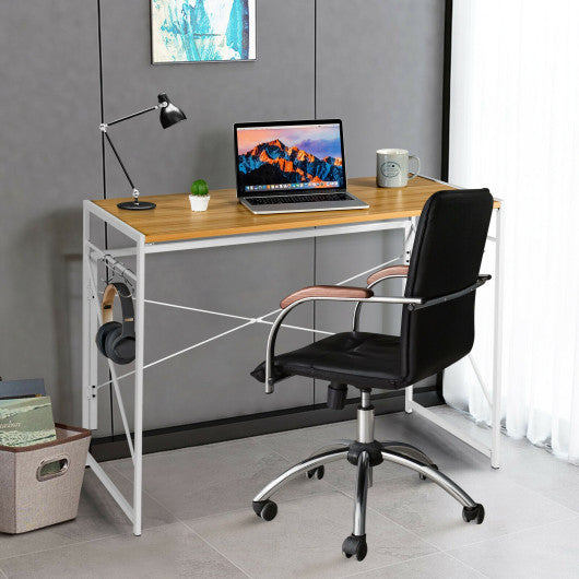 Folding Computer Desk Writing Study Desk Home Office with 6 Hooks-Natural