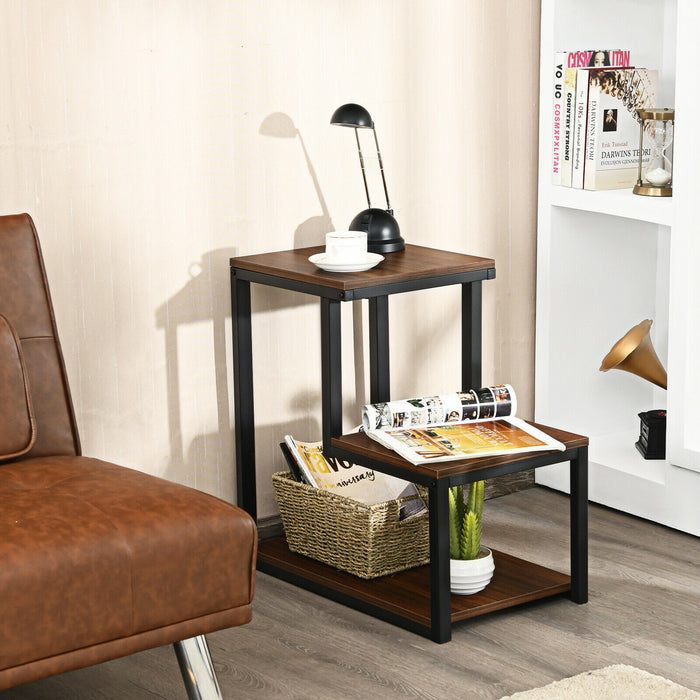 3-Tier End Table Sofa Side Table Ladder-Shaped with Storage Shelf-Brown