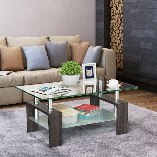 Rectangular Tempered Glass Coffee Table with Shelf-Black