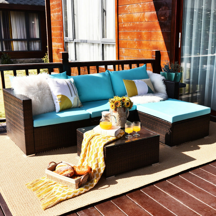 5 Pieces Patio Rattan Furniture Set with Coffee Table-Turquoise