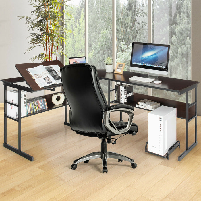 L-Shaped Computer Desk with Tiltable Tabletop-Brown