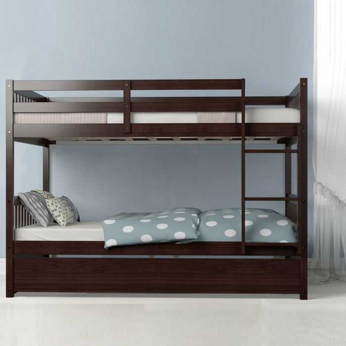 Full over Full Bunk Bed Platform Wood Bed with Ladder-Brown