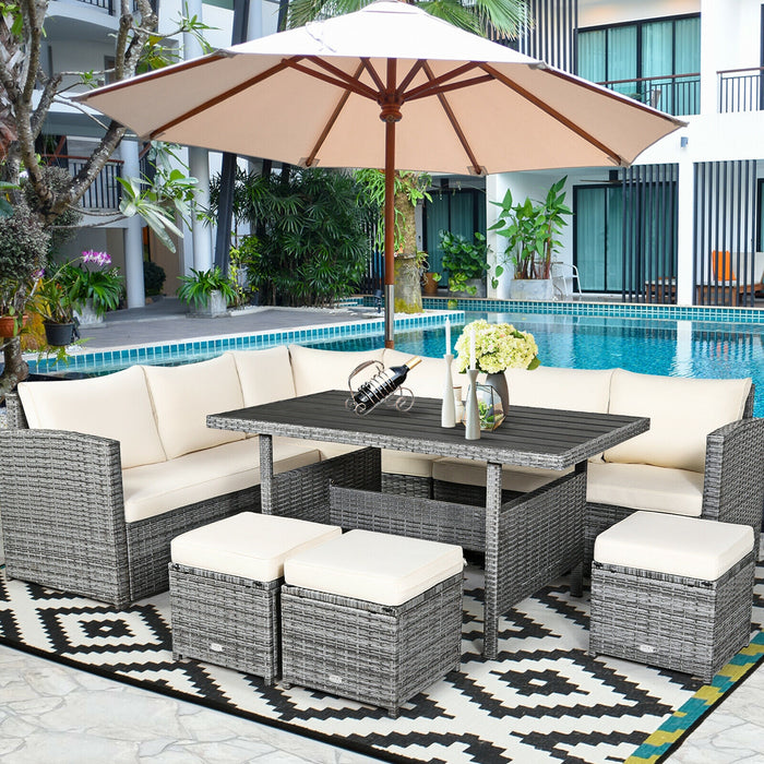 7 Pieces Patio Rattan Dining Furniture Sectional Sofa Set with Wicker Ottoman-Beige