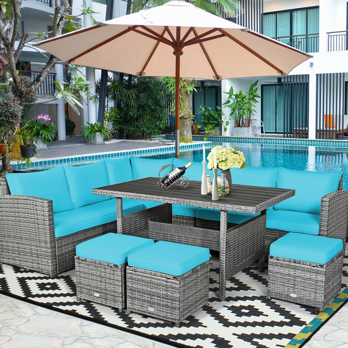 7 Pieces Patio Rattan Dining Furniture Sectional Sofa Set with Wicker Ottoman-Turquoise