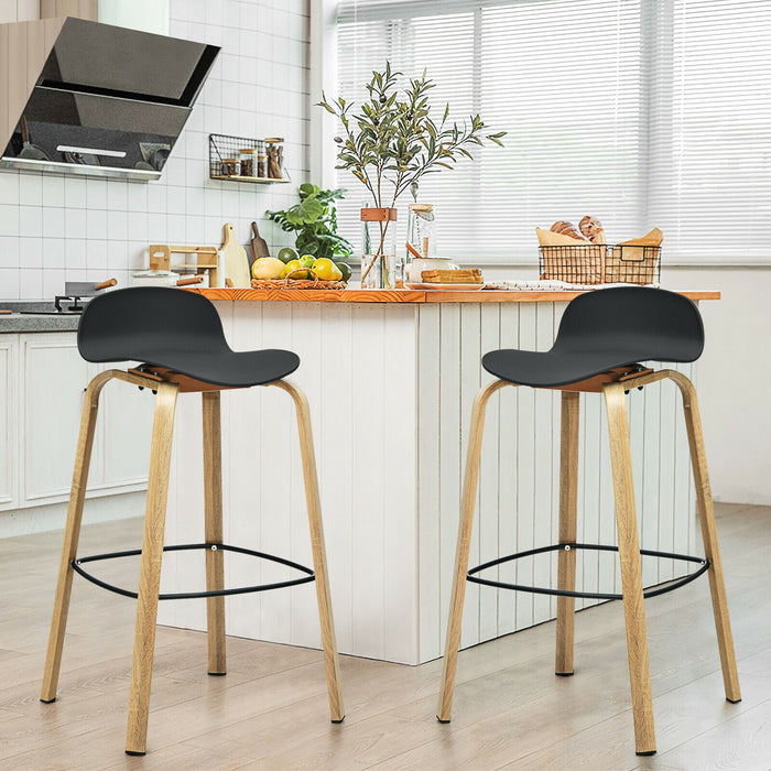 Set of 2 Modern Barstools Pub Chairs with Low Back and Metal Legs-Black