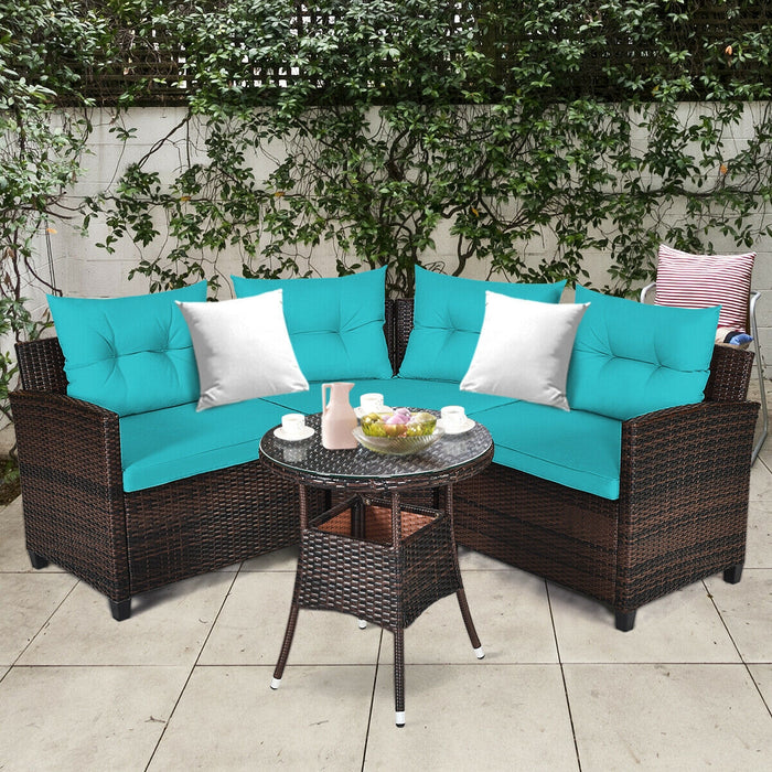 4 Pieces Outdoor Cushioned Rattan Furniture Set-Turquoise