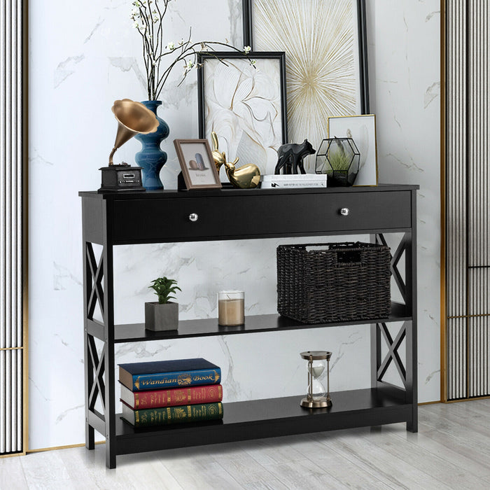 3-Tier Console Table with Drawers for Living Room Entryway-Black