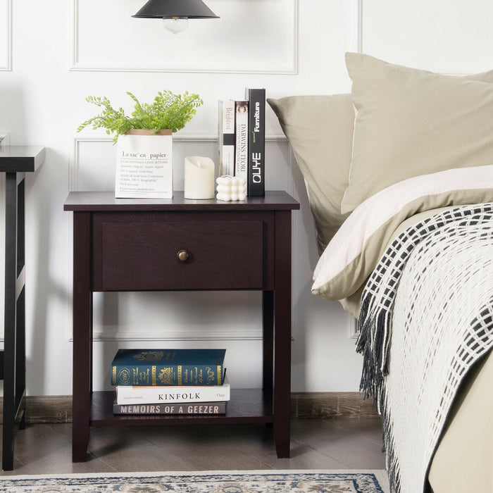 Nightstand with Drawer and Storage Shelf for Bedroom Living Room-Espresso