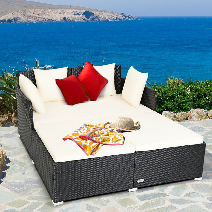 Spacious Outdoor Rattan Daybed with Upholstered Cushions and Pillows-White