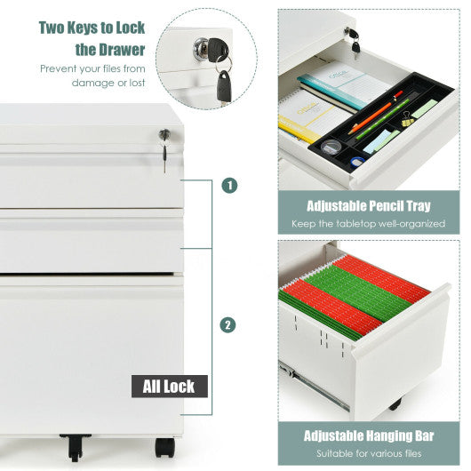 3-Drawer Mobile File Cabinet Stee with Lock-White