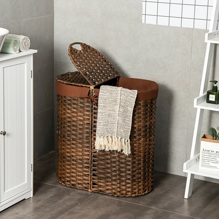 Handwoven Laundry Hamper Basket with 2 Removable Liner Bags-Brown